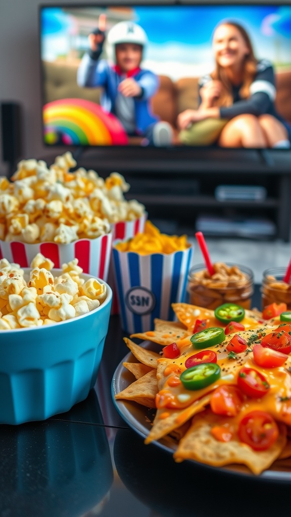 A colorful spread of movie snacks: popcorn and cheesy nachos with toppings ready for movie night.